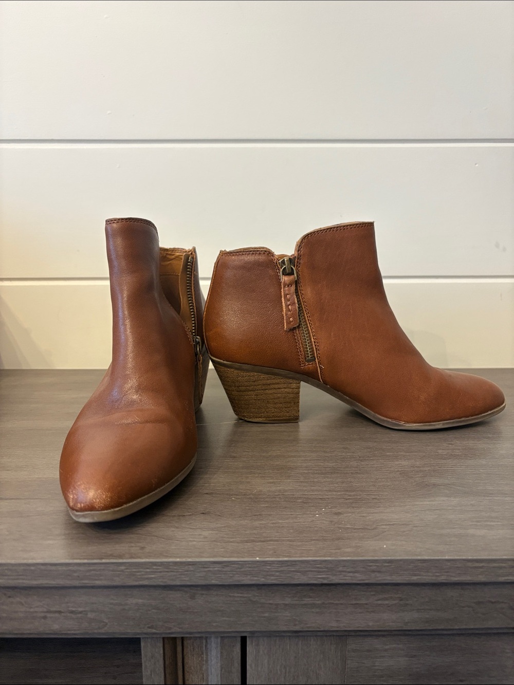 Frye Cognac Leather Ankle Booties with Stacked Heel
